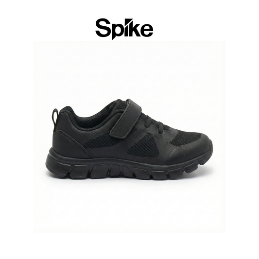 Black children's shoe with a visible 'Spike' logo on a white background